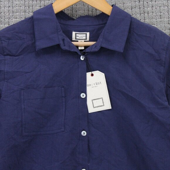 Mo:vint By Anthropologie Shirt Women Small Navy Blue Button Down Long Sleeve NWT - Picture 5 of 9